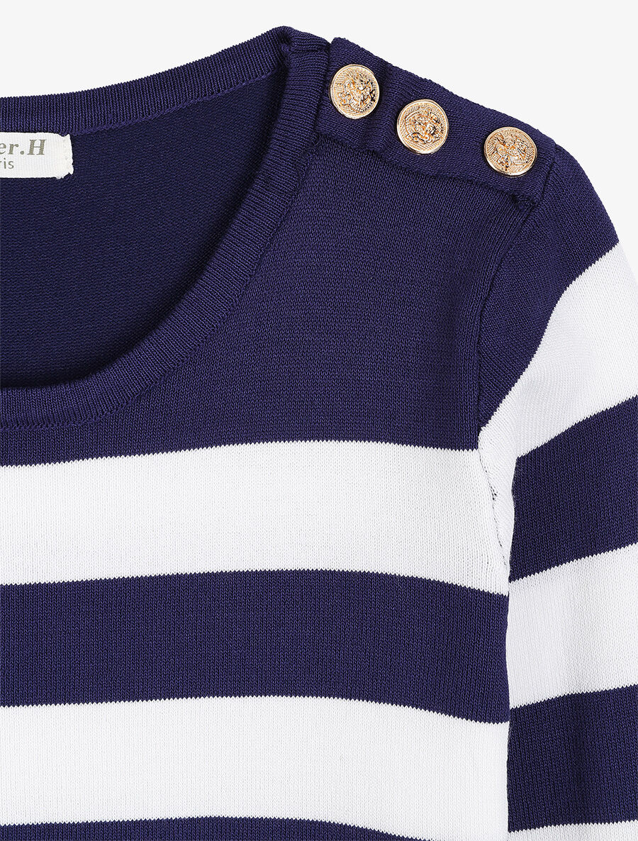 Pull à rayures et épaules boutonnées - Marine - 3