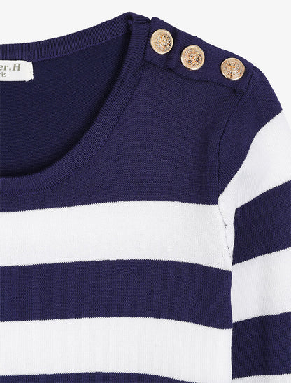 Pull à rayures et épaules boutonnées - Marine - 3