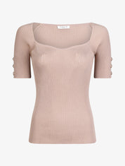 Top en maille côtelée ajusté uni à col en coeur - Beige - 1