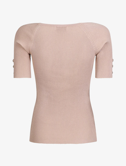 Top en maille côtelée ajusté uni à col en coeur - Beige - 2