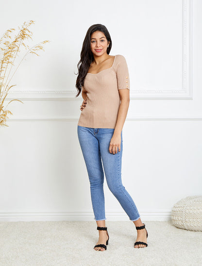 Top en maille côtelée ajusté uni à col en coeur - Beige - 4