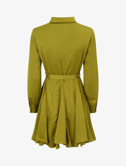 Robe chemise satinée à bords volantés - Vert anis - 2