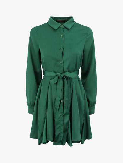 Robe chemise satinée à bords volantés - Vert - 1