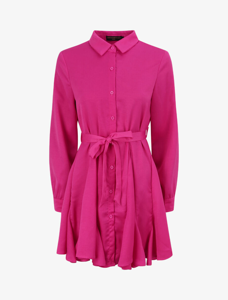 Robe chemise satinée à bords volantés - Fushia - 4