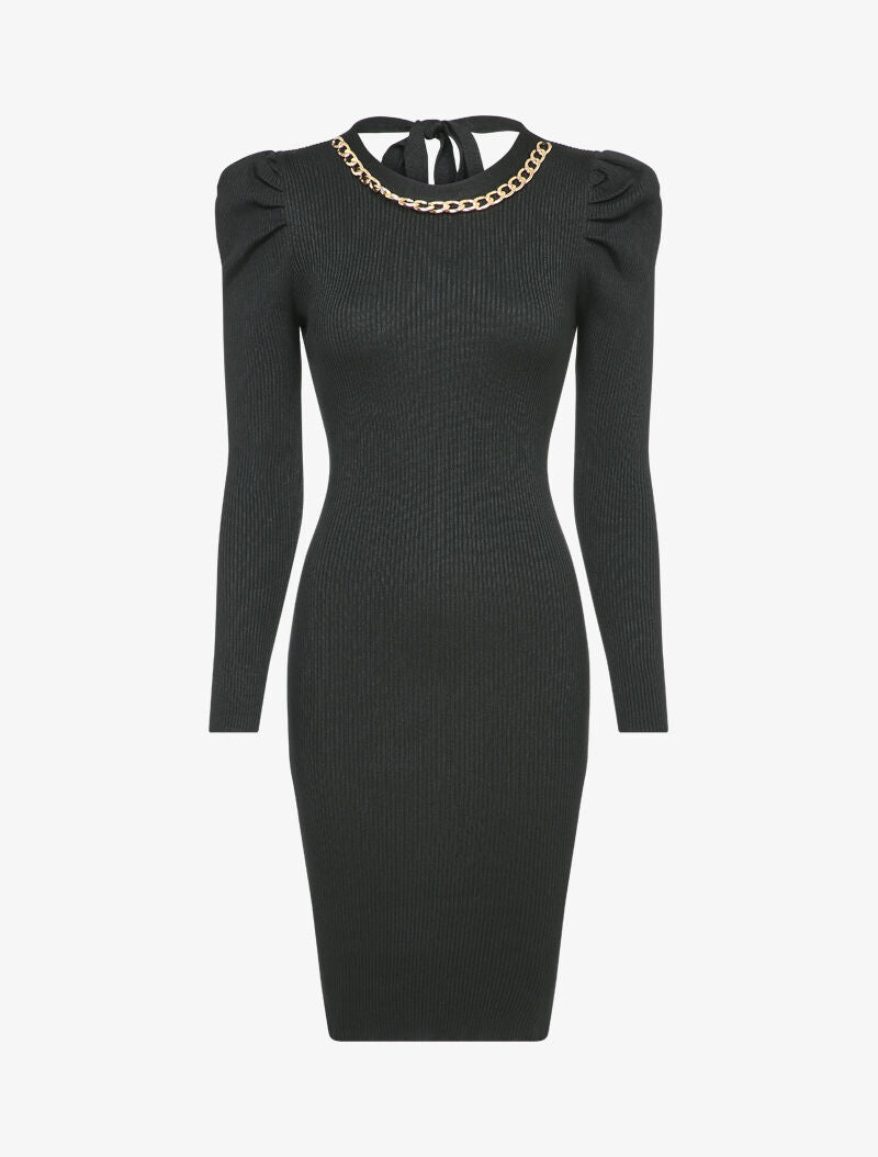 Robe pull côtelée et moulante à détail chaîne - Noir - 4