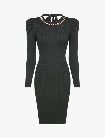 Robe pull côtelée et moulante à détail chaîne - Noir - 4