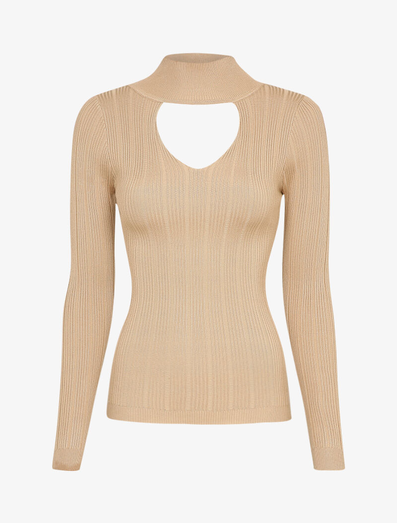 Pull côtelé à décolleté en V - Beige - 3