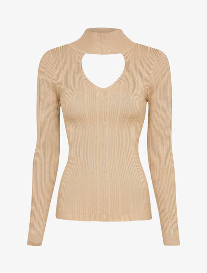Pull côtelé à décolleté en V - Beige - 3