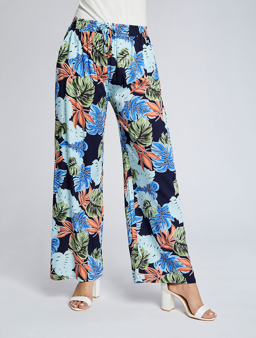 Pantalon ample imprimé plantes tropicales - Marine - 4