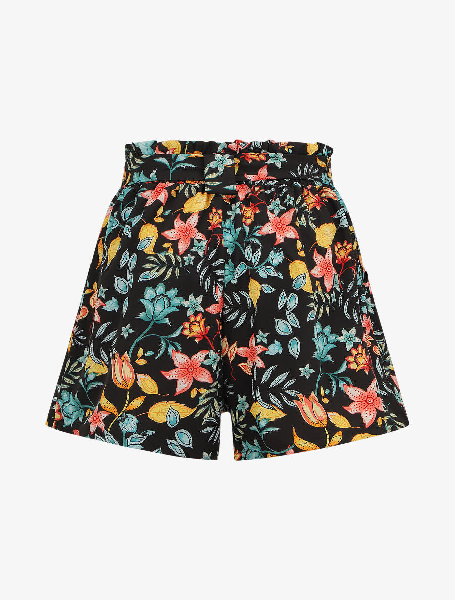 Short à taille froncée imprimé fleurs baroques - Noir - 2