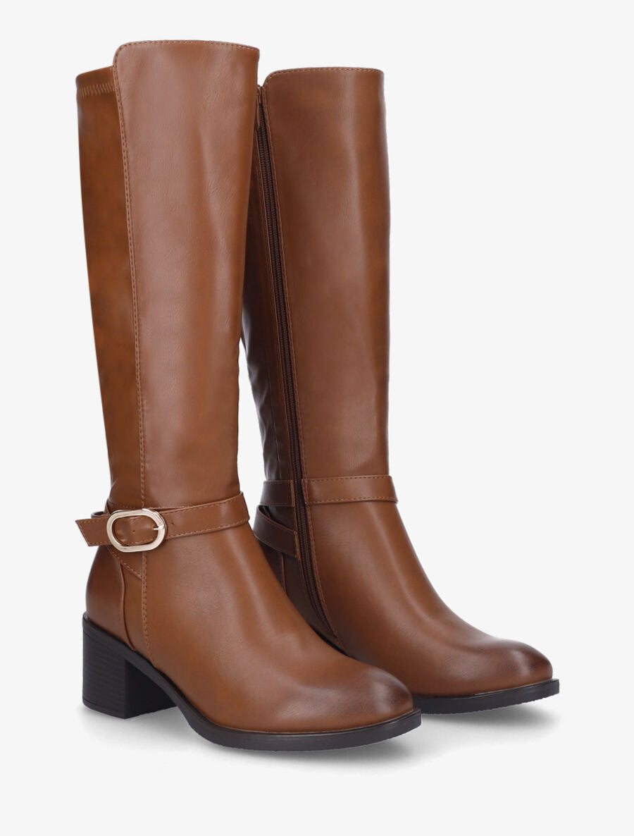 Bottes en simili à talon mi-haut - Camel - 4