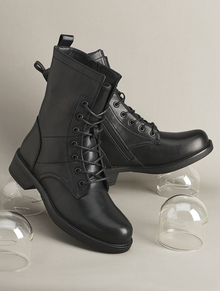Bottines en simili à lacets - Noir - 1