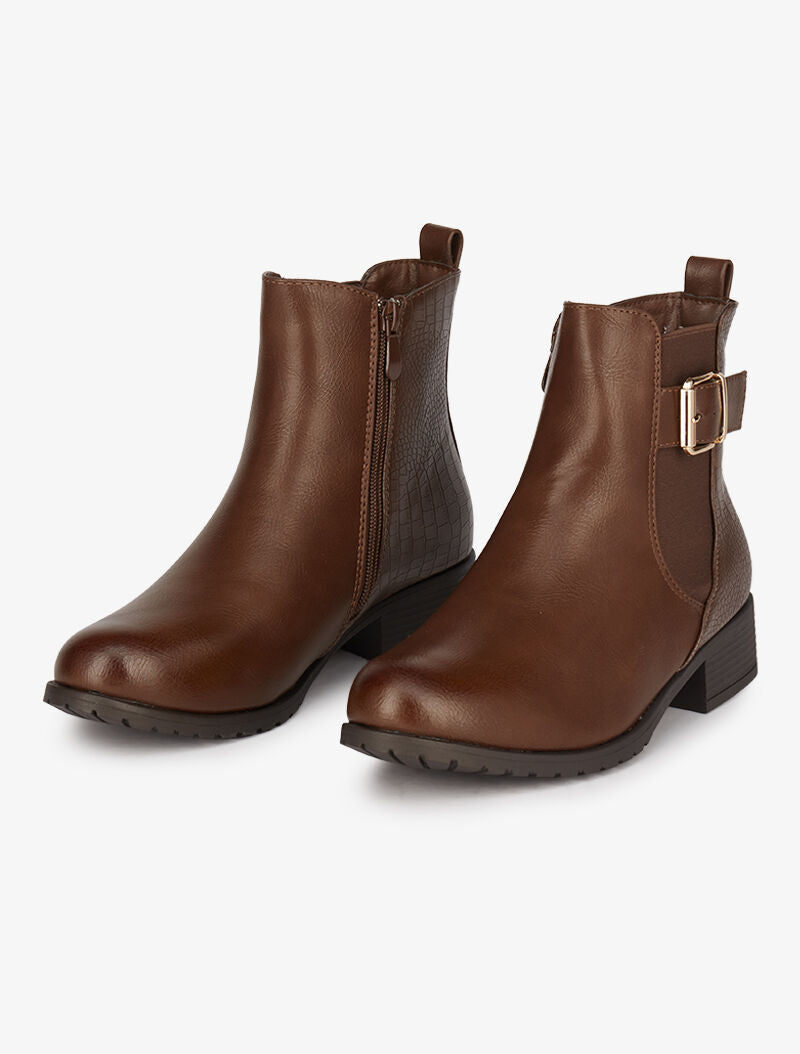 Bottines en simili et effet croco - Marron - 4