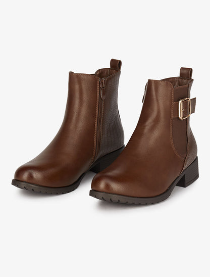Bottines en simili et effet croco - Marron - 4