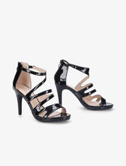 Sandales vernies à talon et ganses stylisées - Noir - 5