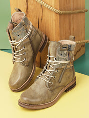 Bottines lacées à détail dentelle - Vert olive - 1