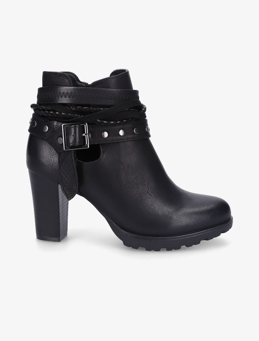 Bottines à talons et lanières cloutées - Noir - 1