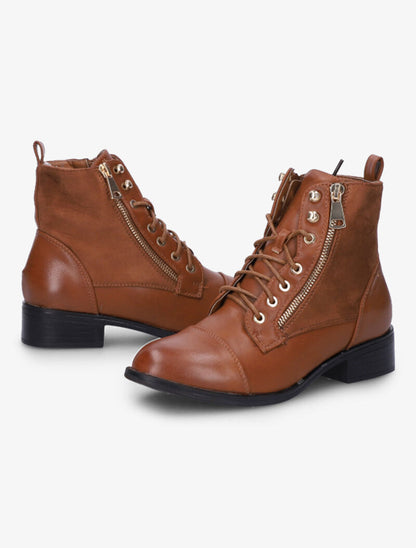 Bottines lacées à zip décoratif - Camel - 1