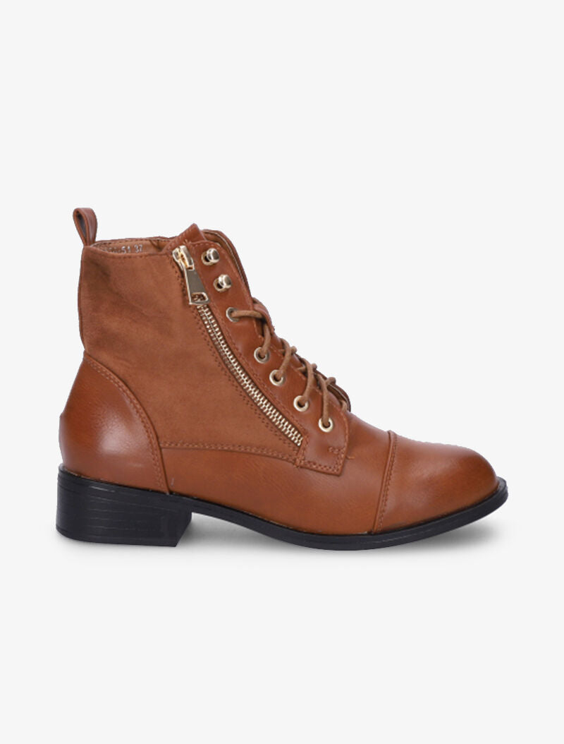 Bottines lacées à zip décoratif - Camel - 2