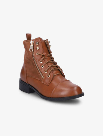 Bottines lacées à zip décoratif - Camel - 3
