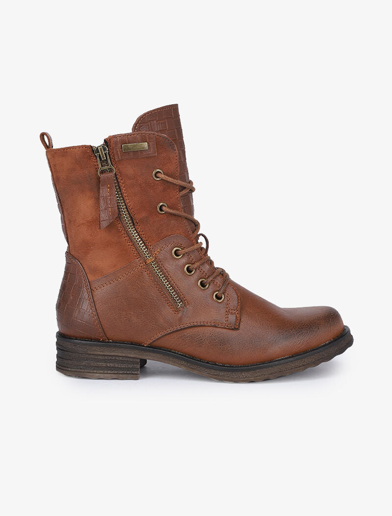 Boots style grunge bi-matière à zip décoratif - Camel - 2