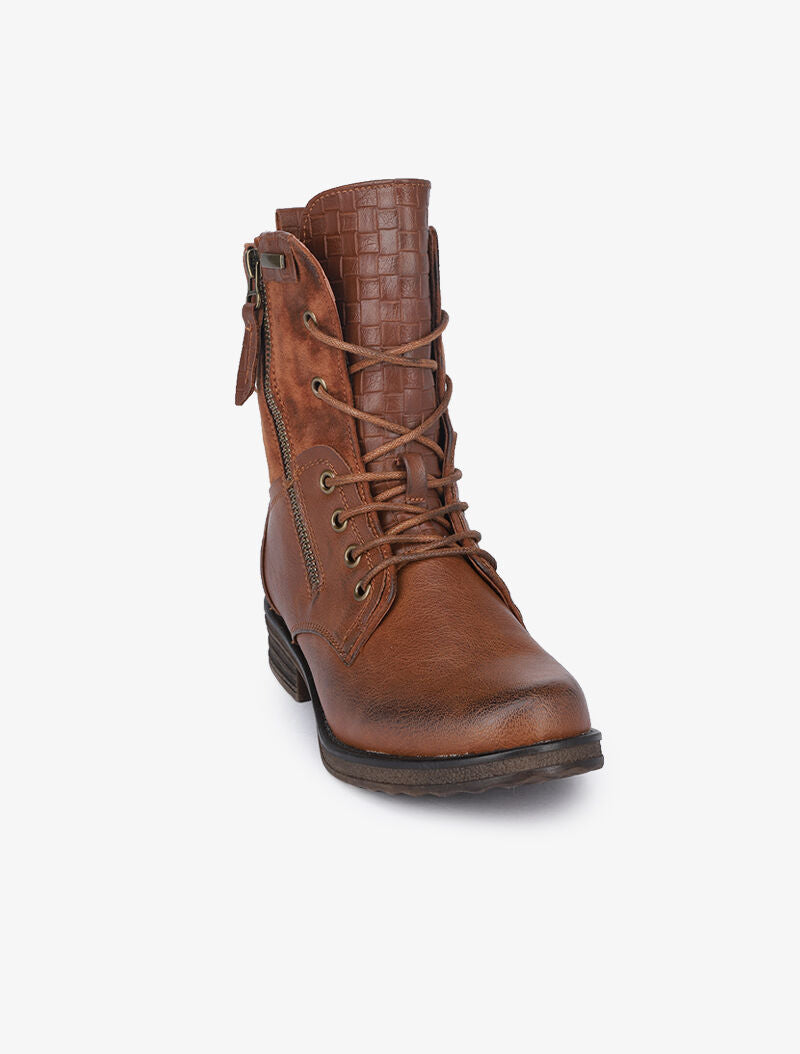 Boots style grunge bi-matière à zip décoratif - Camel - 3