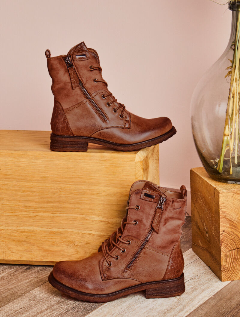 Boots style grunge bi-matière à zip décoratif - Camel - 5