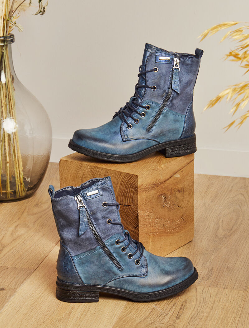 Boots style grunge bi-matière à zip décoratif - Bleu - 7