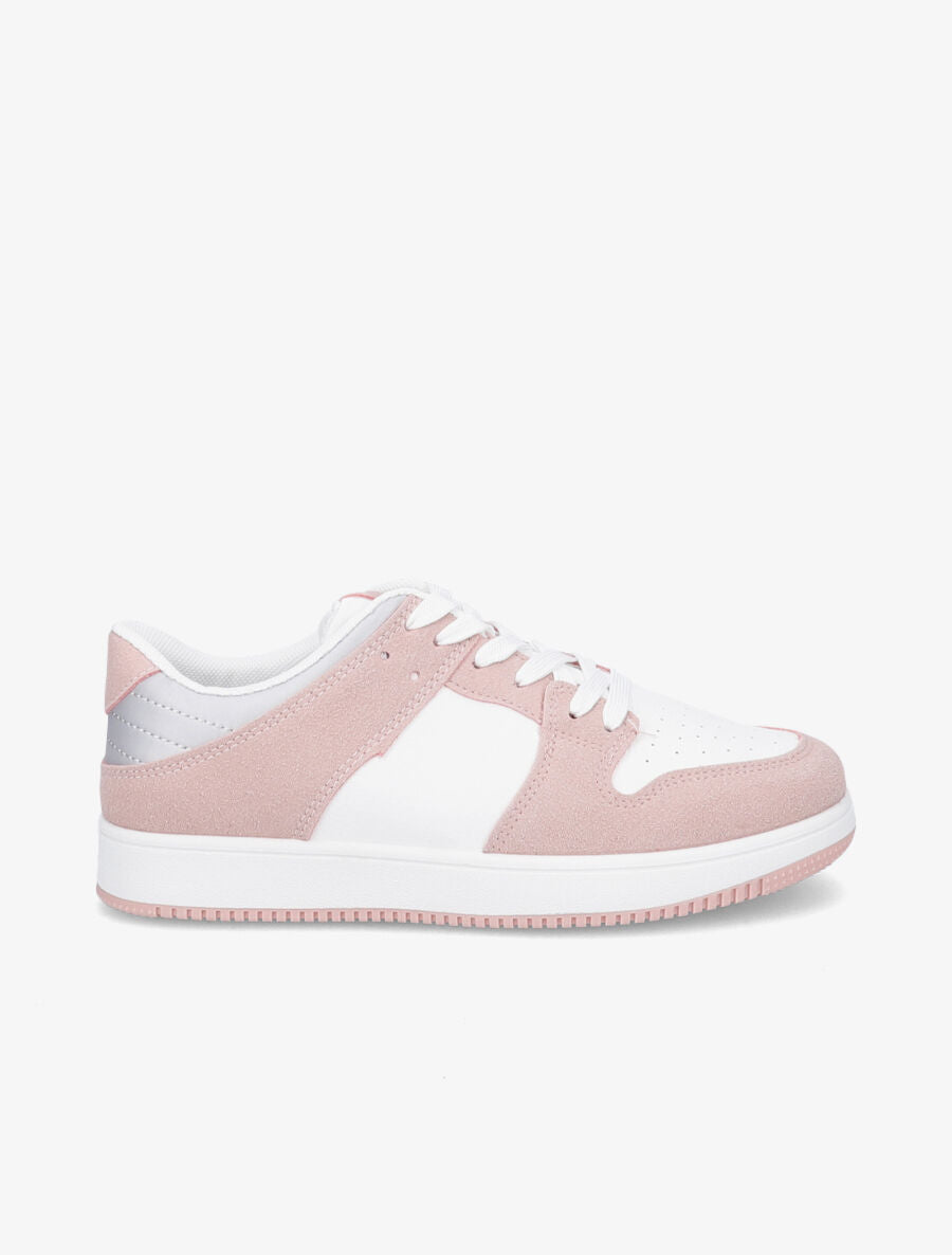 Sneakers bicolore en simili et suédine - Rose - 5