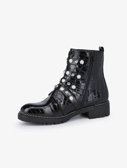 Bottines effet croco vernis à sangles perlées et strassées - Noir - 4