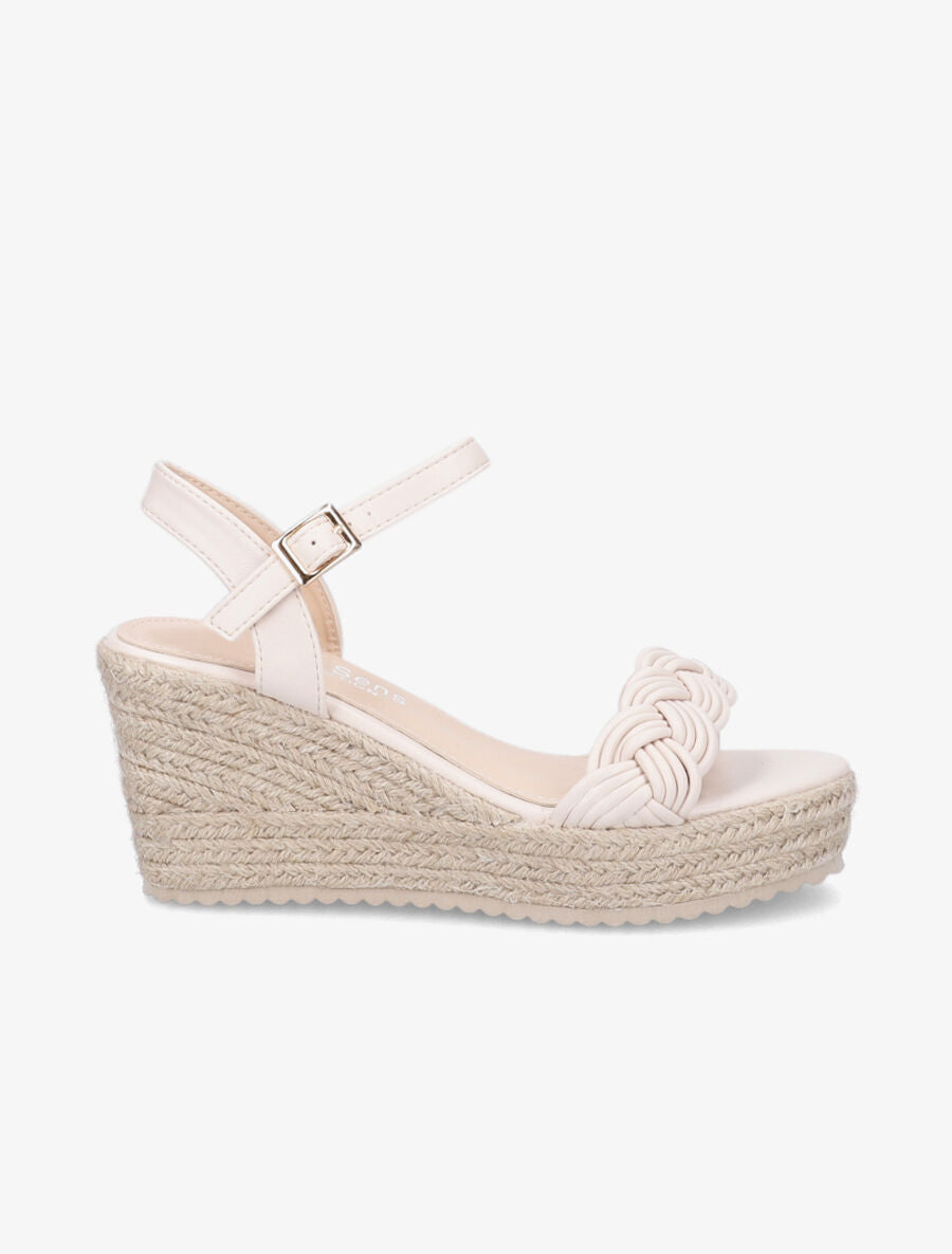 Sandales tressées à talon compensé en raphia - Beige - 5