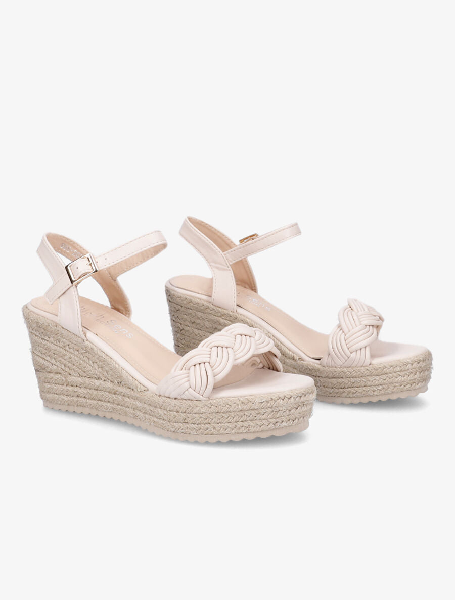 Sandales tressées à talon compensé en raphia - Beige - 4