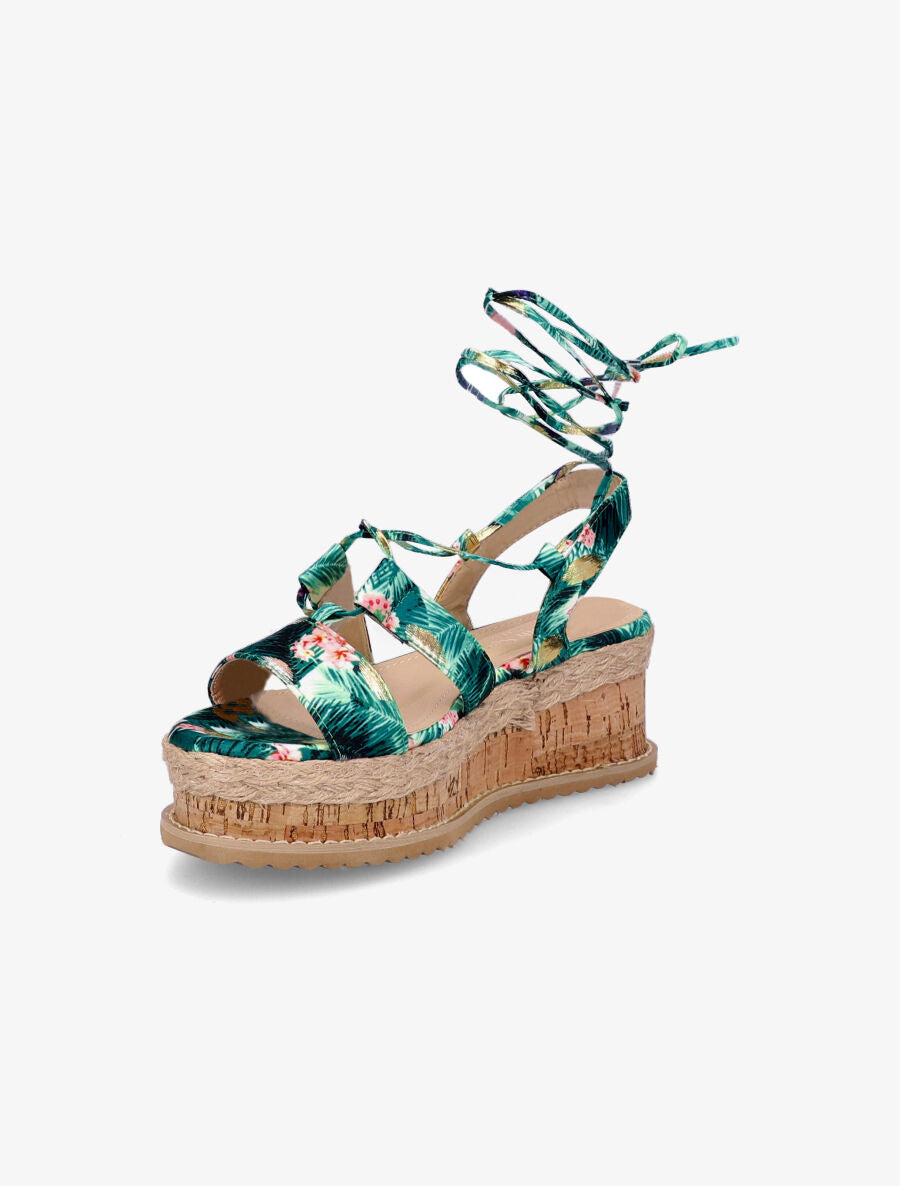 Sandales compensées imprimé fleuri à liens - Vert - 4