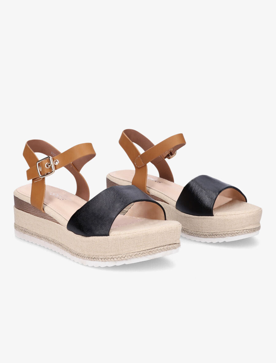 Sandales bi-matière à talon compensé - Noir - 5