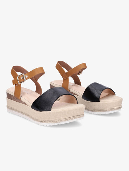 Sandales bi-matière à talon compensé - Noir - 5