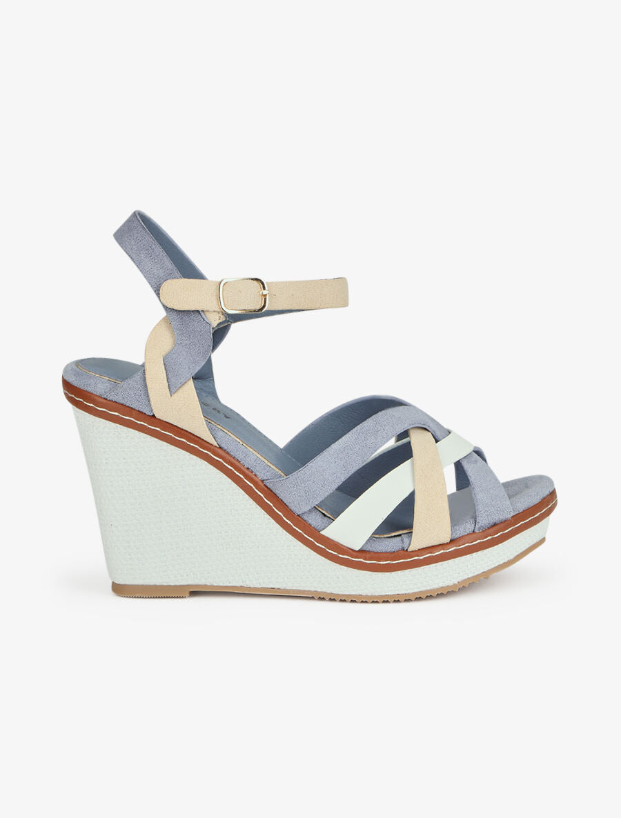 Sandales compensées à semelle style osier - Bleu - 5