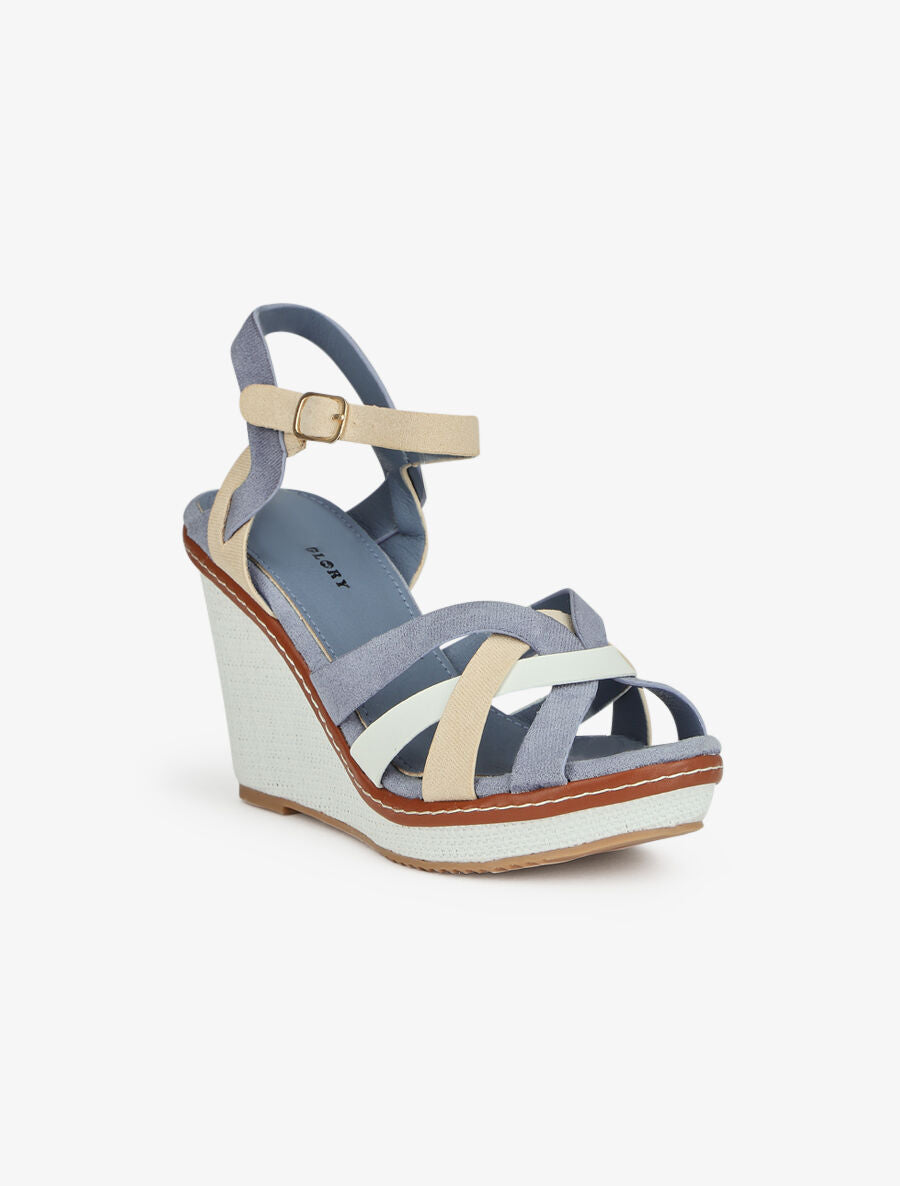 Sandales compensées à semelle style osier - Bleu - 2