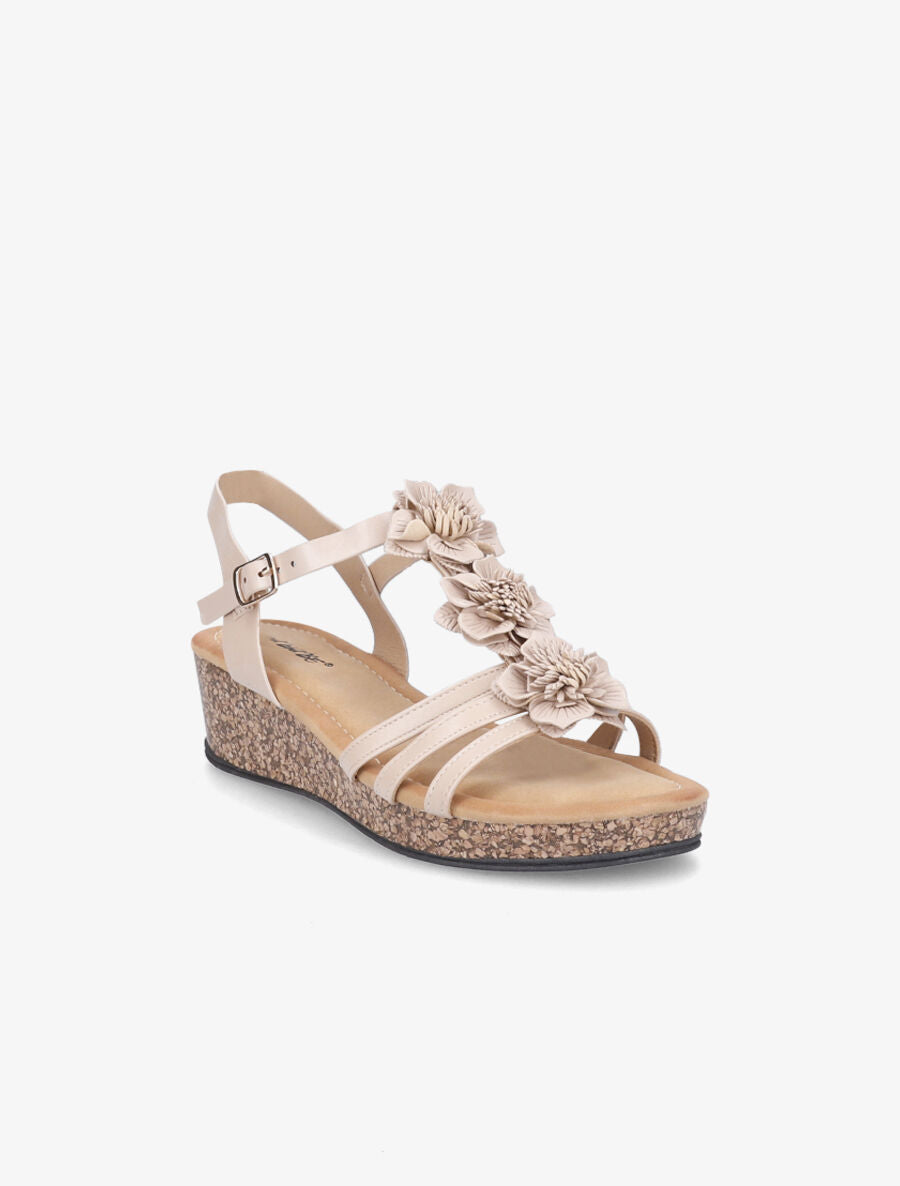 Sandales compensées à fleurs - Beige - 2