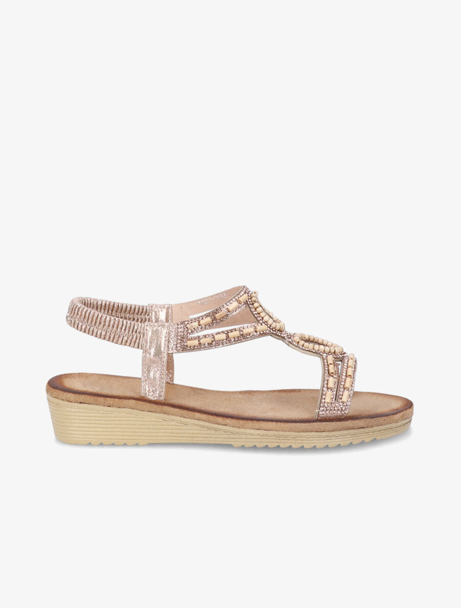 Sandales compensées ornées de perles effet bois et strass - Champagne - 1