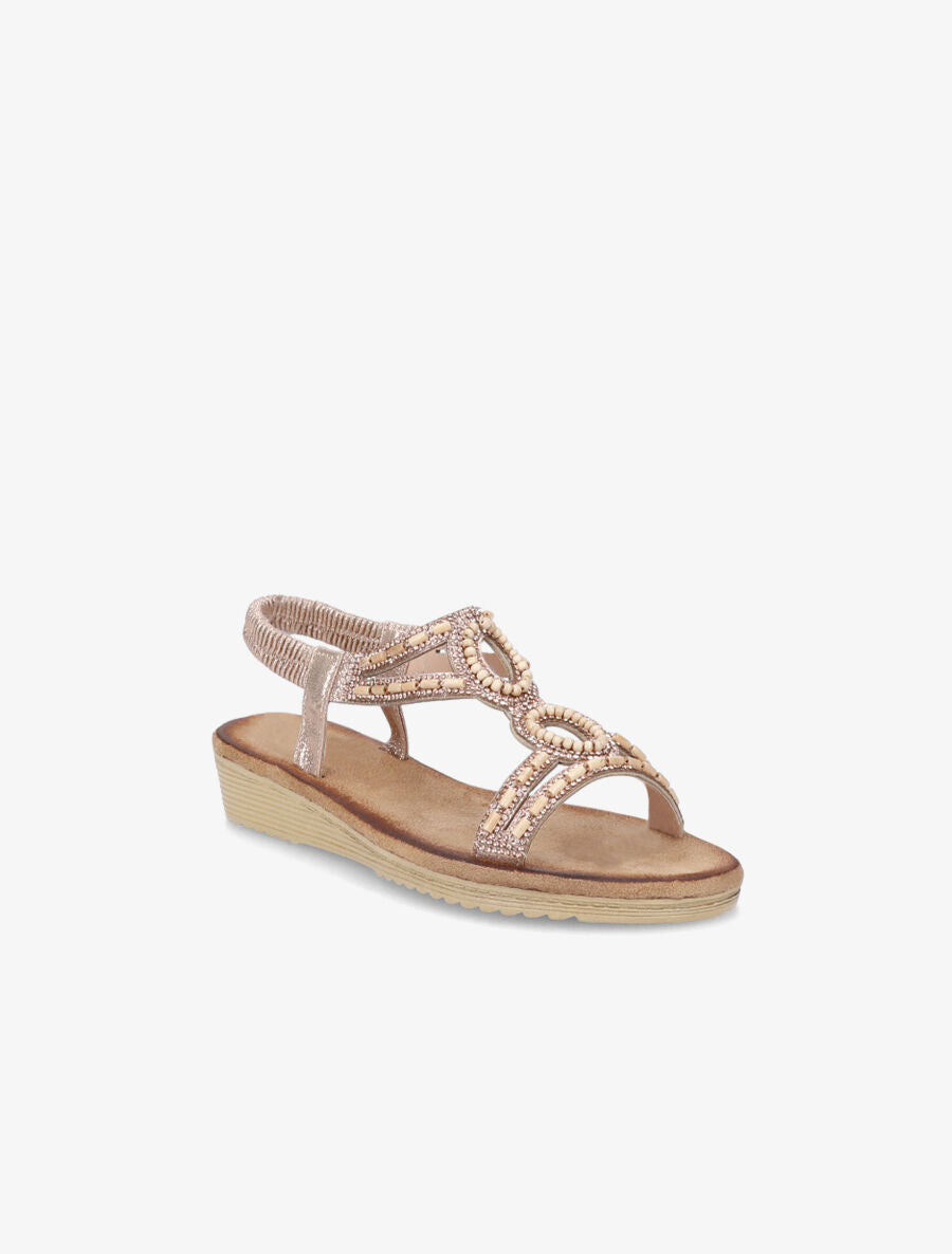 Sandales compensées ornées de perles effet bois et strass - Champagne - 2