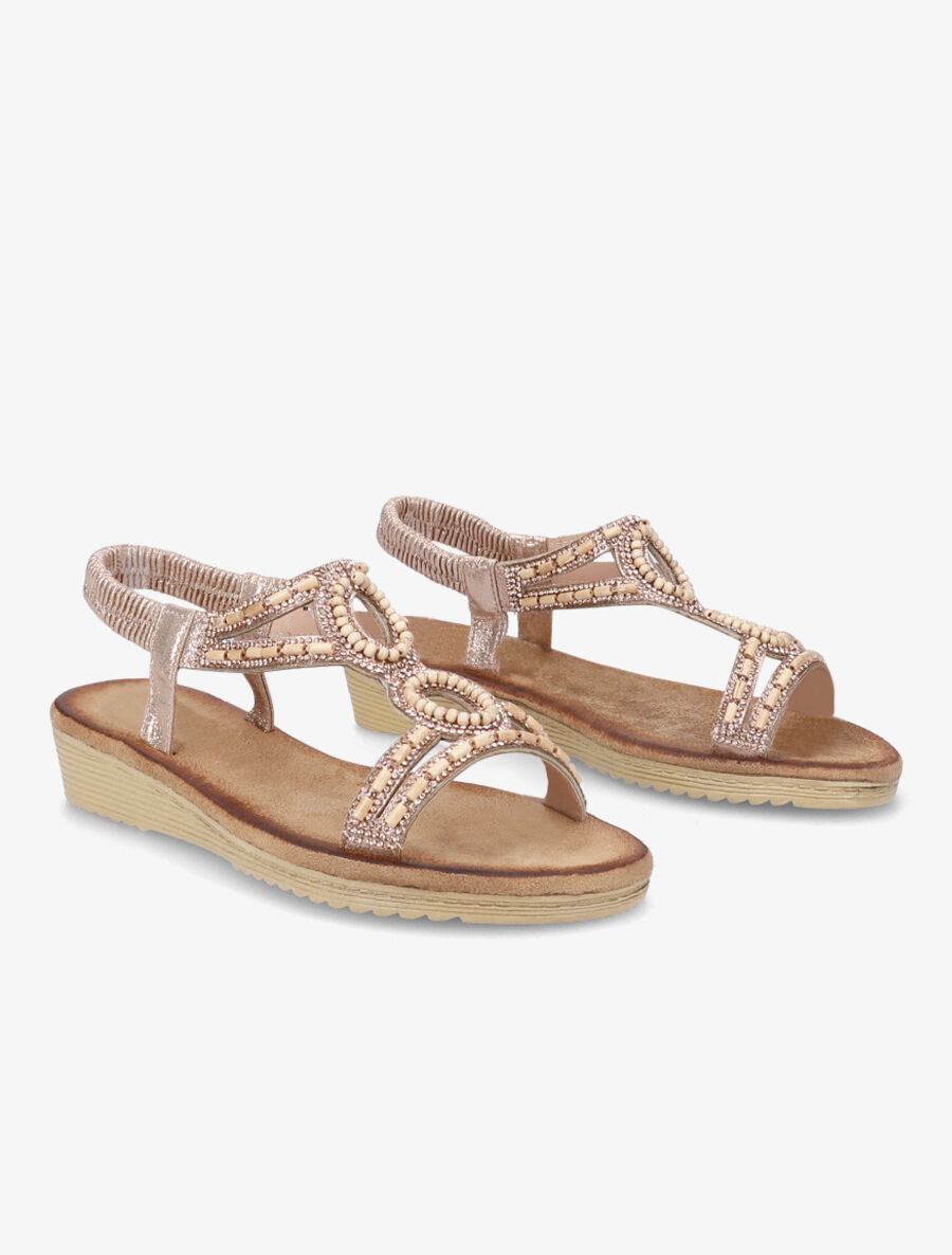 Sandales compensées ornées de perles effet bois et strass - Champagne - 4
