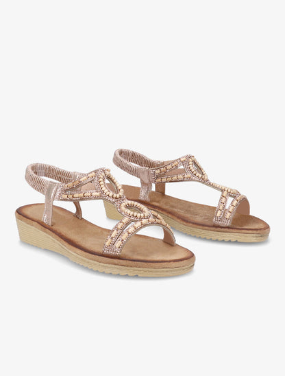 Sandales compensées ornées de perles effet bois et strass - Champagne - 4