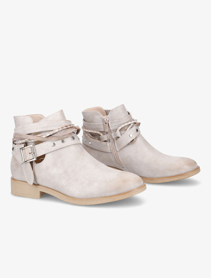 Bottines à sangles cloutées et tressées - Beige - 4