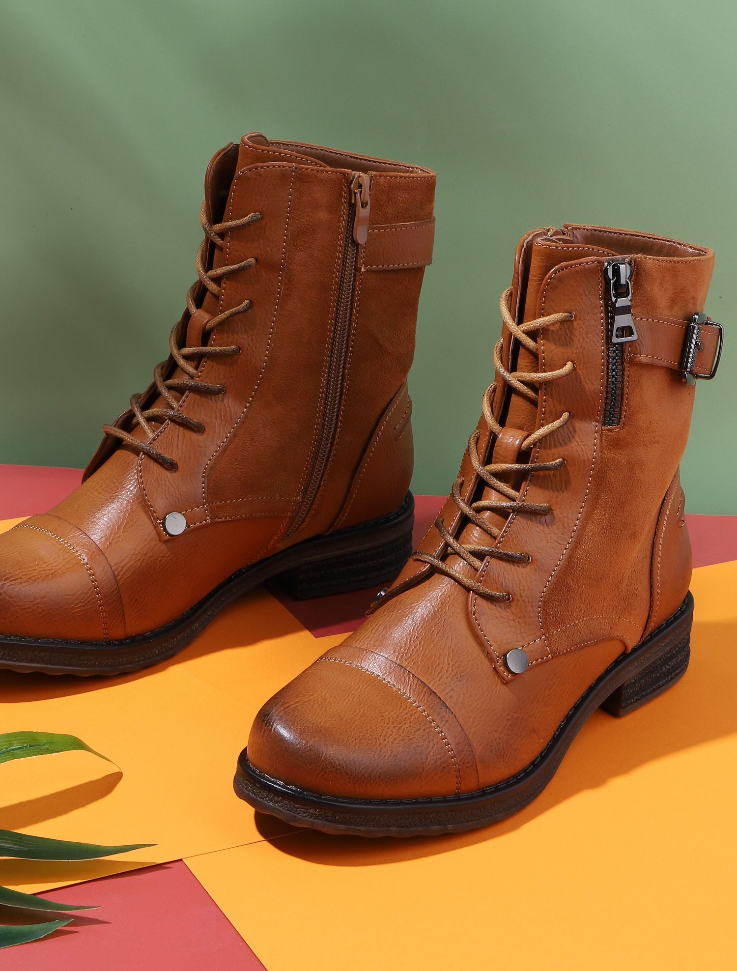 Bottines montantes bi-matière à sangle - Camel - 6