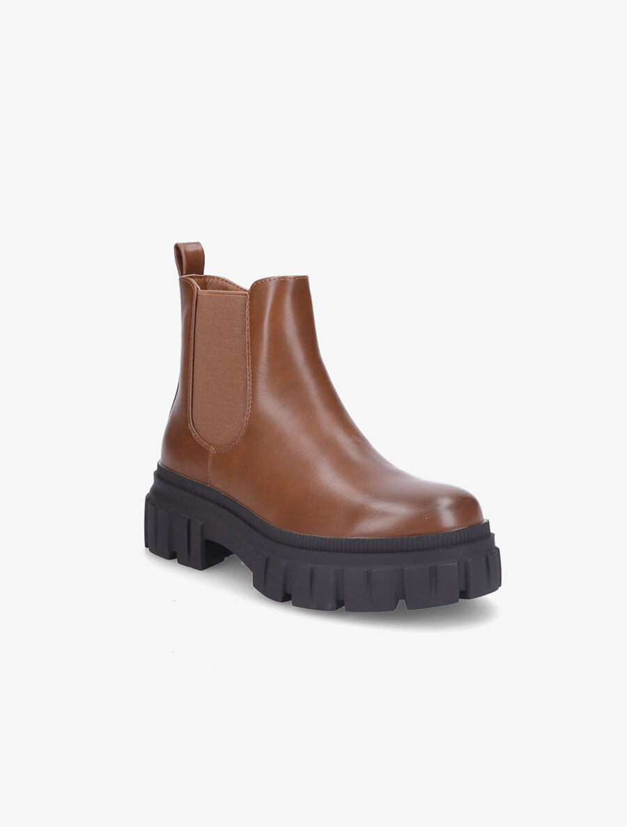 Bottines en simili à côté élastiqué - Camel - 2