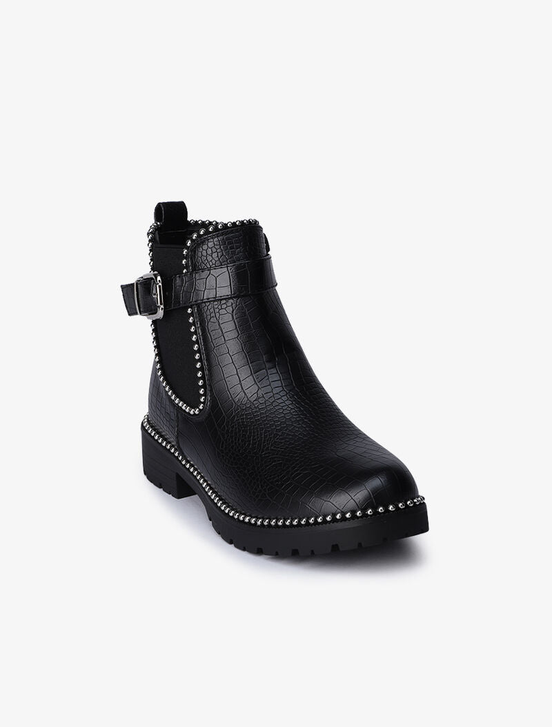Bottines effet croco à clous argentés - Noir - 3