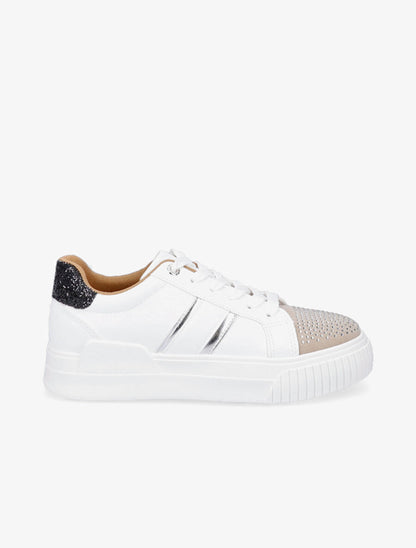 Sneakers en simili à strass et paillettes - Blanc/noir - 1