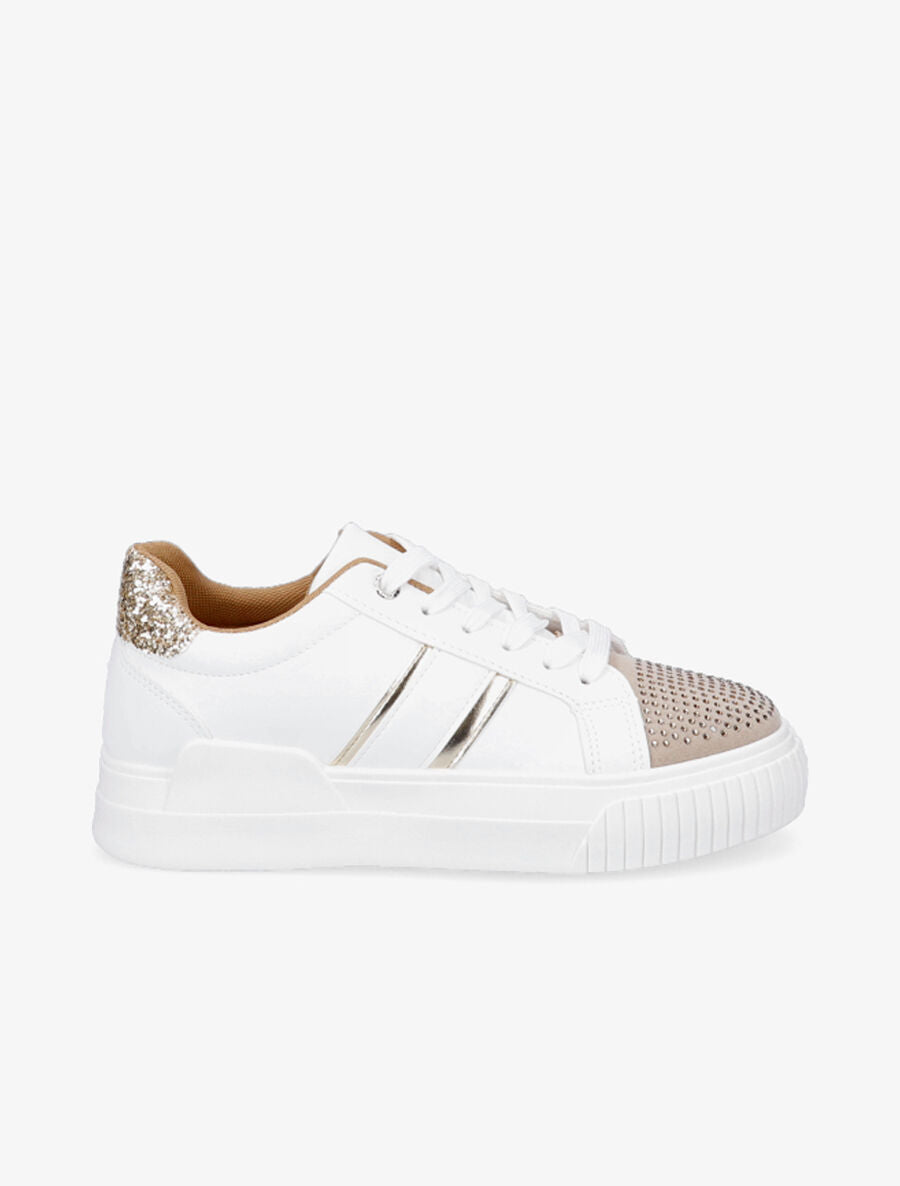 Sneakers en simili à strass et paillettes - Blanc/or - 1