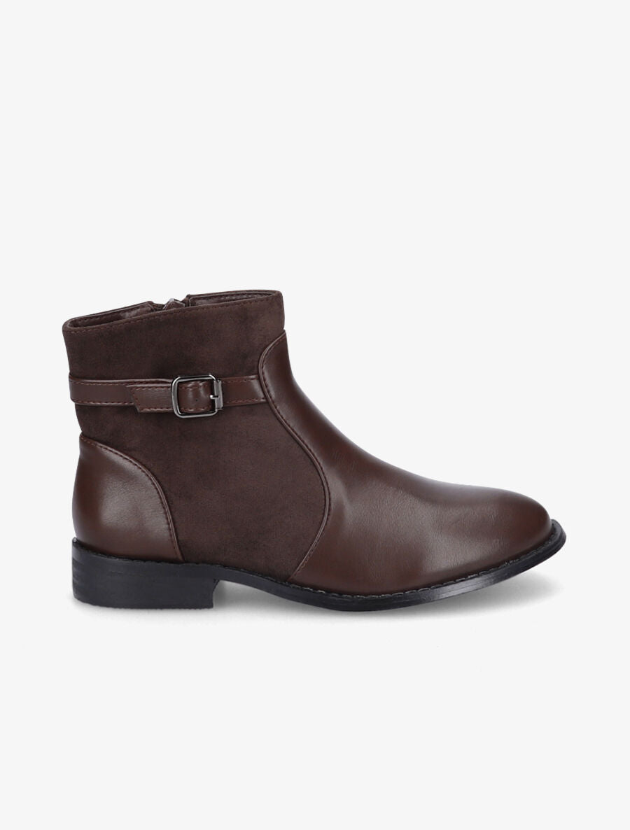 Bottines plates en simili et suédine - Marron - 1