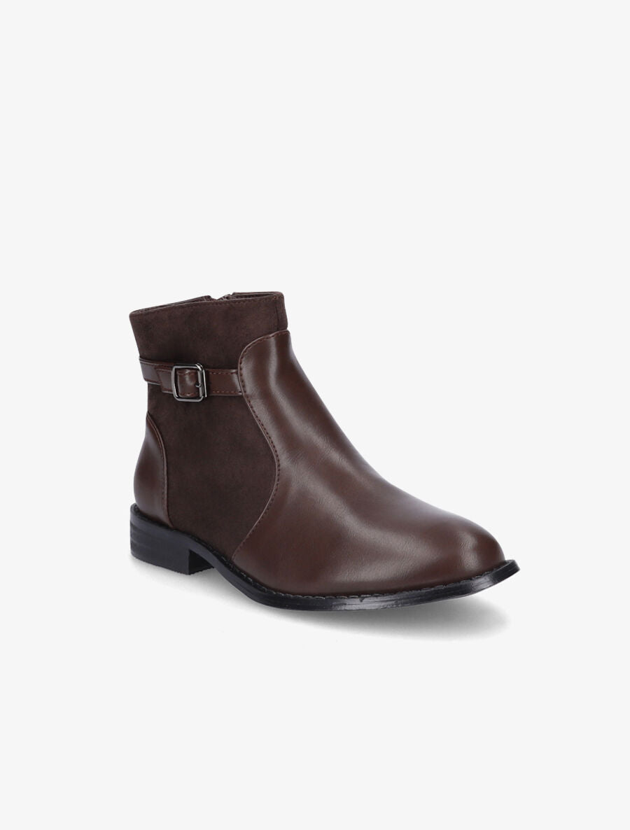 Bottines plates en simili et suédine - Marron - 2